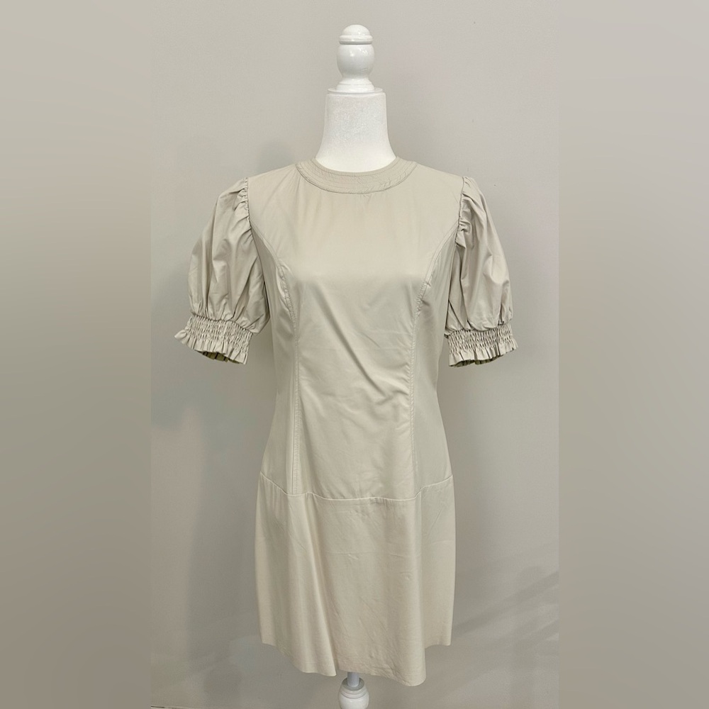 Faux Leather Cream Puff Sleeve Dress
